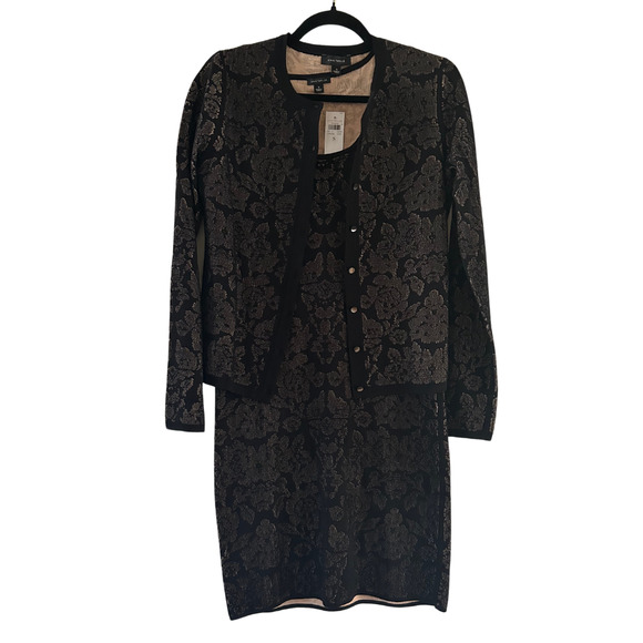 NWT Ann Taylor Black Cream Floral Embroidered Dress with Matching Cardigan Small - Picture 1 of 8